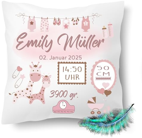 Print Deluxe Personalisiertes Geburtskissen mit Namen und Geburtsdaten für Mädchen inkl. Füllung 40x40cm | Babykissen| Fotokissen | bedrucktes Geschenke zur Geburt, Taufe (mit Kissenfüllung)