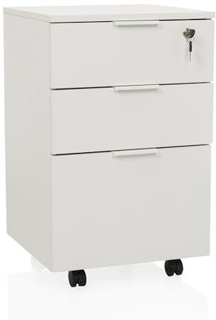 hjh OFFICE Rollcontainer mit 3 Schubladen DAVIK Mobiler Beistellschrank, Aktenschrank mit Rollen, abschließbare Schublade, Weiß