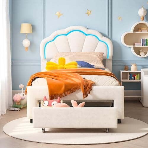 Générique Lit pour Enfant Fille 90 x 200 cm, lit Simple rembourré, Bed de Pétales, Cadre de Lits avec tête de Lits Ajustable en Hauteur et sommier à Lattes, sans Matelas