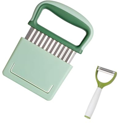 Crinkle Cutter for Veggies,Stainless Steel Wave with Protective Case and Handle - Potato Chopper, Carrot Slicer,French Fry, Onion Chopping Knife.with a Free Peeler. (Green)