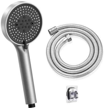 Hochdruck Duschkopf mit Schlauch 2m, Wassersparender Handbrause mit 5 Strahlarten (Relaxation Version), Duschkopfhalterung Ohne Bohren, Duschbrause mit Antikalk-Funktion, runde Duschbrause (120 mm)