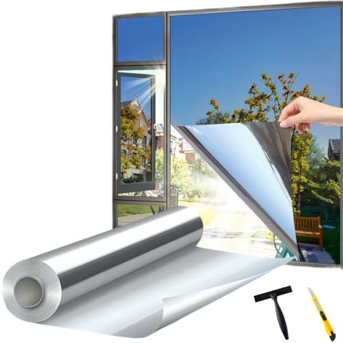Dzmelzu Film Fenetre Anti Regard Film Anti Chaleur et UV Bon Effet Miroir sans Tain Solaire Fenetre avec Kit Protection de La Vie Privée Film Occultant Fenêtre (Argenté (Pas de Adhésif, 105X200 CM)