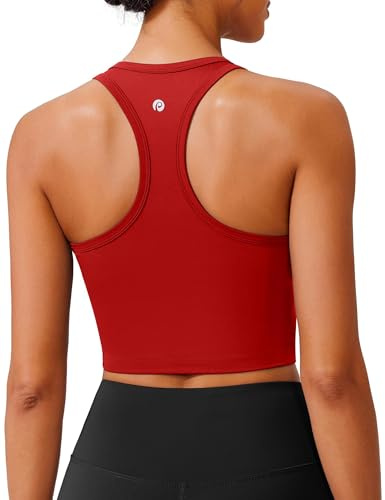 PINSPARK Sportbehå för kvinnor utan bygel, vadderad bustier med avtagbara kupor, racerback, push-up, sportbh, andas, bralette, sömlösa crop toppar, jogging, yoga, fitness, röd, L