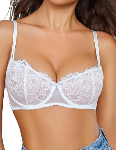 Avidlove Women's T-Shirt Bra Sexy Half Cup Underwire Bras Dirndl Underwear Bralette Casual Spaghetti Strap Lace Bralettes Soft Comfortable Bustier White XL