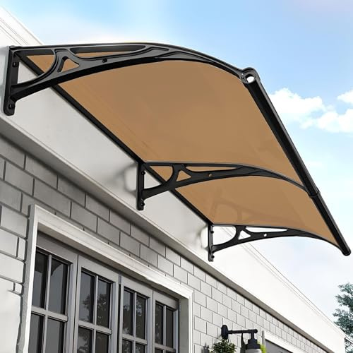 Front Door Canopy Outdoor Awning, Window Garden Canopy Patio Porch Awning, Rain and Snow Protection with Aluminum Bracket Polycarbonate Cover(Tan color,120x380cm)