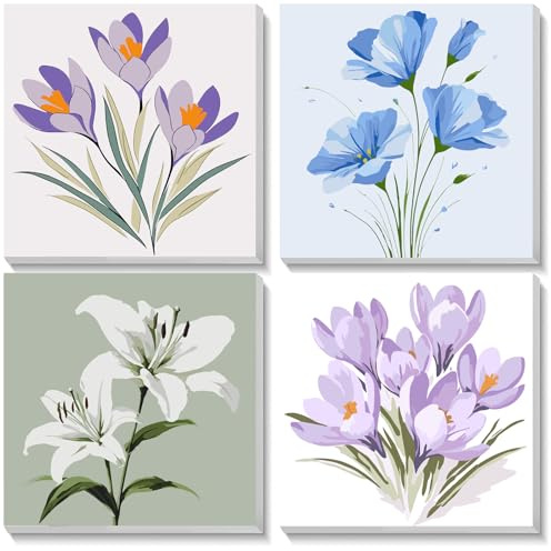 NEWENMO 4-pack Måla efter Nummer med Ram, Blommor, DIY Akrylkonst på Canvas för Hemdekoration 20x20cm