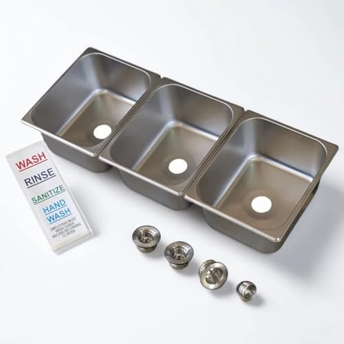 3-Compartment Drop-in Stainless Steel Concession Sink Kit, 12.75x10.5x6 inches (each sinkbowl), with Strainers and Waterproof Safety Labels
