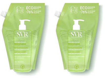 Sebiaclear Gel Moussant Recharge – Nettoyant Visage & Corps Peaux Mixtes à Grasses – Désincruste les Pores, Purifie, Matifie – Sans Savon – Peaux Sensibles à Tendance Acnéique – Lot de 2x400ml