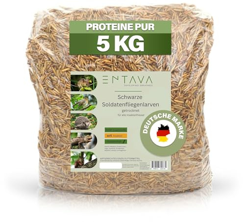 ENTAVA Soldatenfliegenlarven getrocknet 5kg - Getrocknete Insekten in Premium-Qualität, Soldatenfliegen für Vögel, Amselfutter, Koifutter, Igelfutter, Eichhörnchenfutter, Futter für Wildvögel