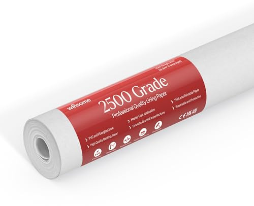 WINSOME Lining Paper for Walls 10m x 53cm Wallpaper for New & Damaged Ceiling & Walls for Paint Easy to Install & Remove Heavy Duty Paintable Plain White Lining Paper | 10M Roll (2500 Grade)