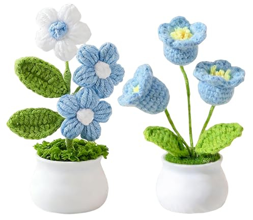 InteDesign Fiori all'uncinetto fatti a mano, 2 pezzi, pianta di fiori blu all'uncinetto, orchidea a campana all'uncinetto, bouquet lavorato a maglia blu, piccola pianta in vaso, per casa, ufficio