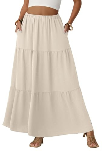 QIXING Womens Boho Maxi Skirts Flowy Elastic High Waisted A-Line Casual Long Skirts with Pockets Beach Holiday Long Skirts(Apricot, L)