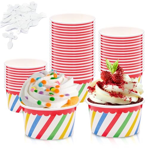 Bakiauli 50 Stück Eisbecher 200 ml, Dessertbecher aus Papier mit Löffel für Joghurt-Leckereien – Partyzubehör für zu Hause (Bunte Streifen)