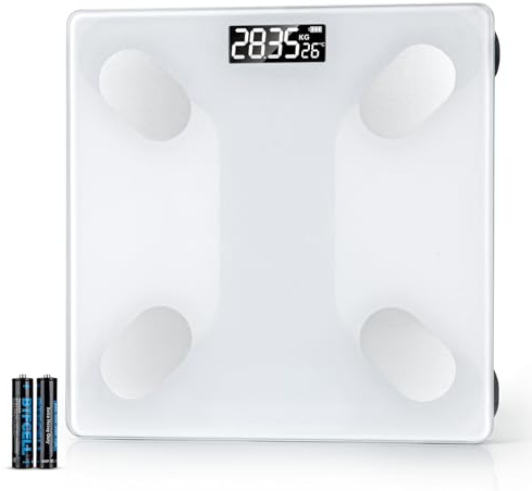 HEALDAT Personenwaage Digital, Gehärtetes Glas, 180kg / 0,1kg Hochpräzision, 4 Sensoren, LED Großes Display, Batterie AAA Inklusive, Badezimmerwaage Für Zuhause Fitness Familie