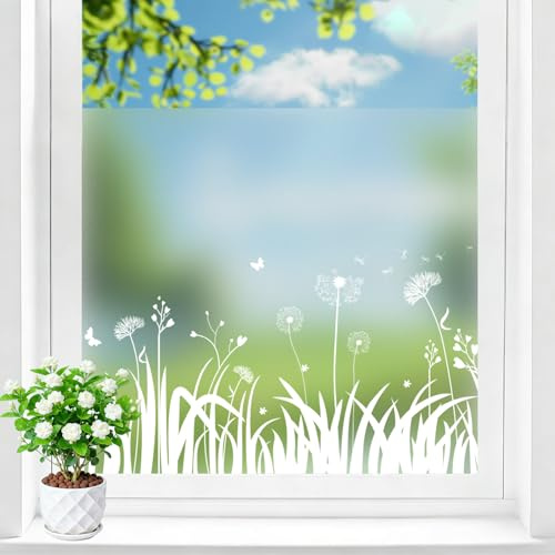 Shackcom Fensterfolie Blickschutz Milchglasfolie ohne Klebstoff, Wiederverwendbare statische Folie mit Gras & Löwenzahn Design, Sichtschutz für Wohnzimmer Schlafzimmer Arbeitszimmer, 90x200 cm
