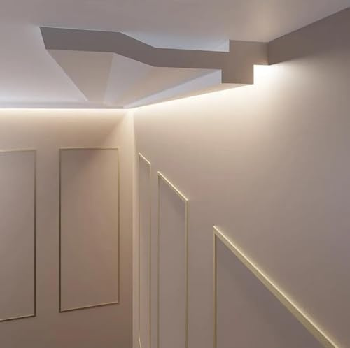 LED Stuckleiste OL-65 für indirekte Beleuchtung - 2 Meter Lichtleiste Breit (200x40mm) - XPS Deckenprofil Zierleiste Weiß