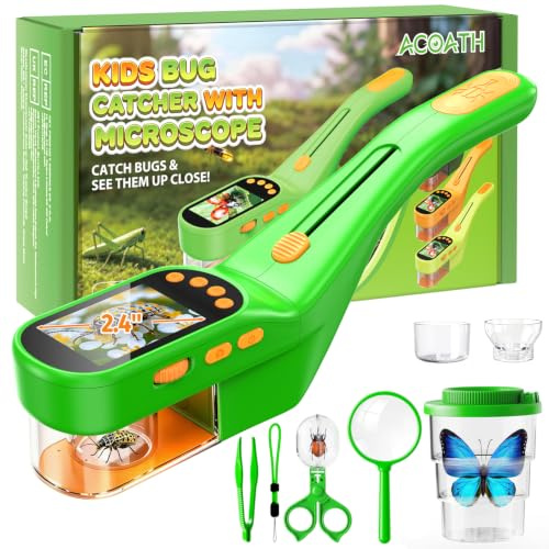 Acoath Microscope for Kids, Bug Catcher, 2.4 Screen Bug Catching Kit | Handheld Digital Miniscope, Outdoor STEM Toy Portable Pocket Microscope Gifts for Age 5 6 7 8 9 10 11 12
