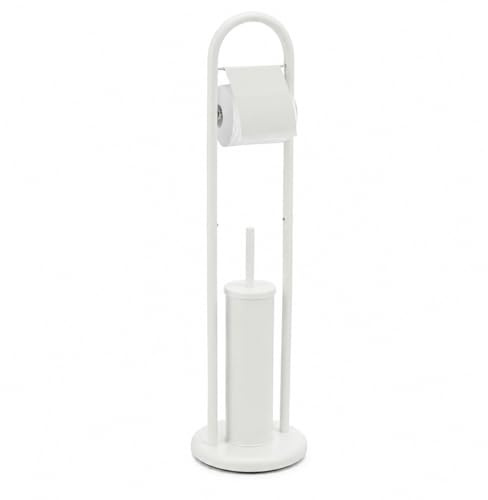Porta Rotolo con Scopino WC da Terra in Acciaio Inox, Porta Carta Igienica Bagno Moderno Salvaspazio (Bianco)
