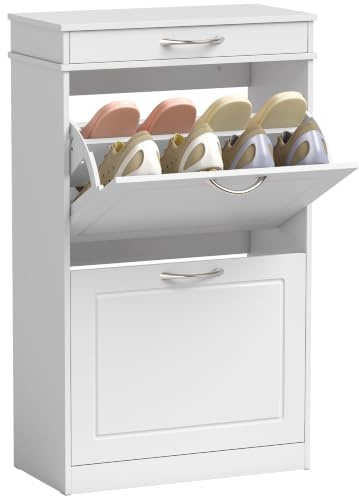 HOMCOM Schuhschrank mit 2 Klappen, Schublade, 53 x 26,5 x 89 cm, Weiß | Schuhkipper Schmal Schuhregal, Verstellbare Trennwände, für 8 Paar Schuhe, Schuhaufbewahrung für Flur Eingang Wohnzimmer