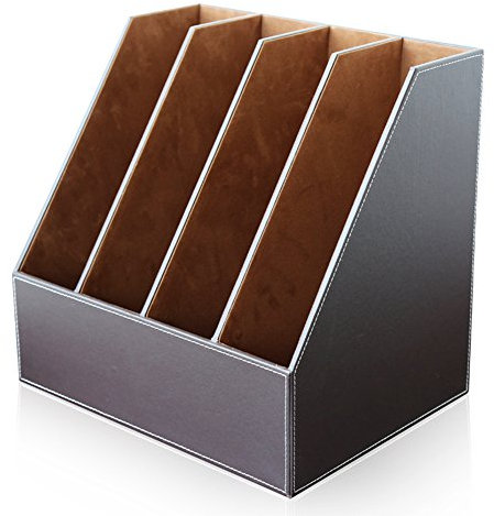 KINGFOM Dokumentenhalter mit 4 Fächern, Holz, Leder, Ständer für Schreibtisch, Akten, Organizer, Papiersammlung, Schrank (4 Fächer, braun)