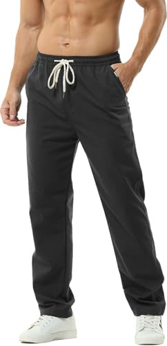 HOEREV Men Casual Strandhosen Leinen Hose- Gr. XL (Taille 39-41 zoll), Schwarz