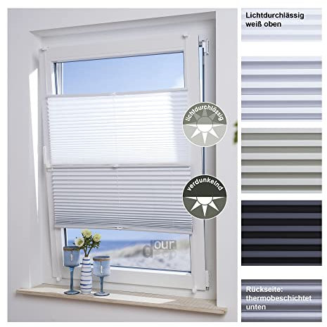 ourdeco® Kombi Doppel-Plissee / 75 x 130 cm weiß/weiß/lichtdurchlässig, Blickdicht, verdunkelnd/Farben: Weiß-Weiß, Beige-Weiß/Klemmen=Montage ohne Bohren=Smartfix=Klemmfix-Plissee=Easy-to-fix