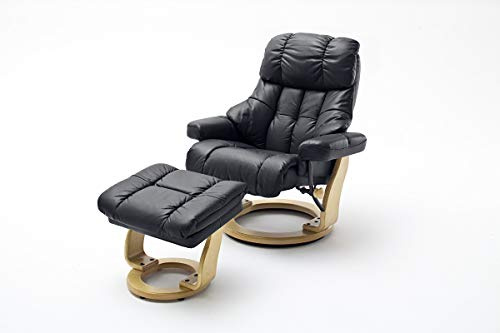 Robas Lund Sillón de Relax Calgary XXL con Taburete, soporta hasta 180 kg, Piel auténtica, Color Negro, Estructura de Madera Natural
