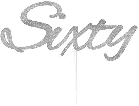 LissieLou 60th Birthday Cake Topper Decoration with Curly Written 'Sixty' Glitter Card in Silver