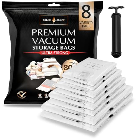 GENIE SPACE Premium Vacuum Storage Bags Variety 8 Pack with Pump | 2XL & 2L & 2M + 2S Sizes, For Clothes & Bedding, Waterproof, Airtight, Reusable, Double Seal, Durable Material