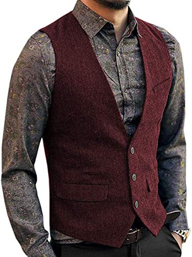 Zeattall Kostymväst för män, tweed, ull, enkelknäppt, smal passform, väst, Burgund, XL