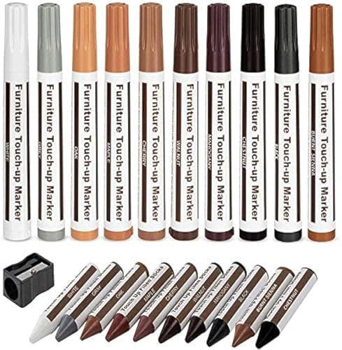 Marcadores para muebles, kit de reparación de arañazos en suelos de madera, juego de 21 marcadores y barras de cera con kit sacapuntas para reparación de muebles, arañazos en suelos