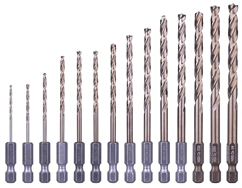 NordWolf 14-Piece M35 Cobalt Drill Bit Set for Stainless Steel, Hard Metals & Cast Iron, Jobber Length with 1/4 Hex Shank, SAE Sizes 1/16 to 1/4
