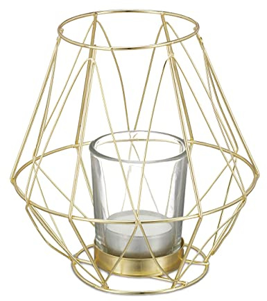 Relaxdays Teelichthalter, geometrisches Design, Gold | Kerzenhalter mit Votivglas, Metall, Kerzenständer, HxD: 14 x 14 cm
