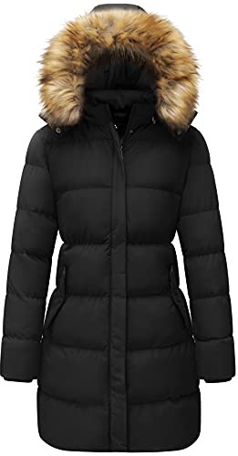 WenVen Abrigo Largo de Invierno para Mujer Chaqueta Acolchada A Prueba de Viento Chaqueta Acolchada Gruesa Abrigo Acolchado Cálido Parka de Invierno con Capucha de Piel Sintética Negro XL
