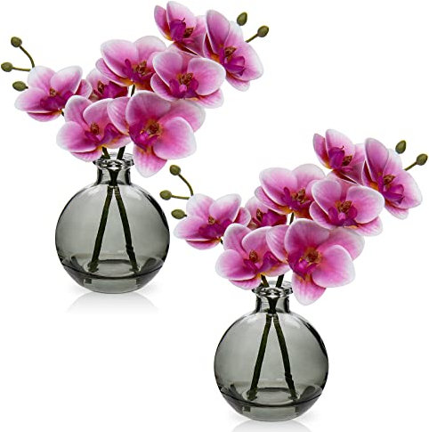 2 pcs Künstliche Orchideen rosa mit Schwarz Glasvase, Kunstpflanze Decor Orchideen Kunstblumen im vase mit Real Touch Blüten, Gefälschte Orchideen künstliche Bonsai für Hotel Wohnzimmer Büro Küche