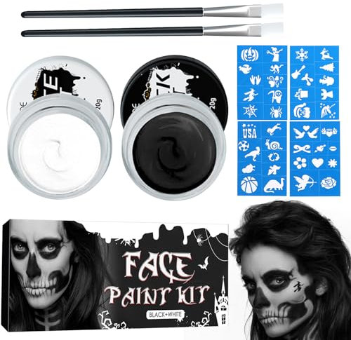 Shinybox Halloween Schminke Set, Schwarz Weiß Gesicht Farbe Körper Malerei mit Makeup Pinsels, 4 Malerei Schablonen, Schwarz Weiß Clown Make-up Gesichts Körperfarben Set für Halloween, Karneval
