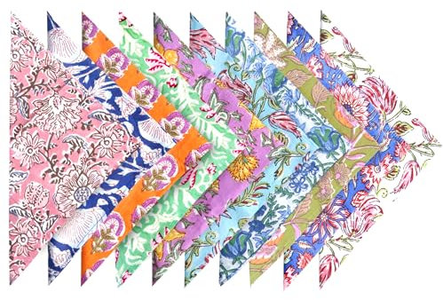 Cloth Napkins Set of 10 Hand Block Print 100% Cotton Washable Absorbent handkerchiefs for Dinner Parties, Weddings, Christmas, Thanksgiving (Multicolor)