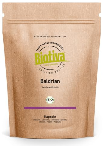 Biotiva Capsules de valériane bio 180 capsules - Racine de valériane moulue - 600mg par capsule - Conditionné et contrôlé en Allemagne - végan