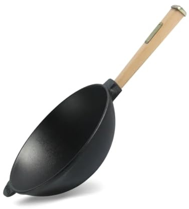 4BIG.fun Poêle wok avec manche en bois 24 cm en fonte Wok 2,2 l Poêle d'extérieur Poêle à griller Poêle à griller Poêle en fonte Poêle à induction