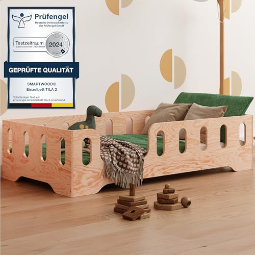 smartwood Lit Enfant 80x160 cm - Lit au Sol Enfant en Bois Naturel avec Barrière de Sécurité et Sommier - Charge Jusqu’à 230 kg - Lits Montessori pour Garçons et Filles - TILA 2L Bois