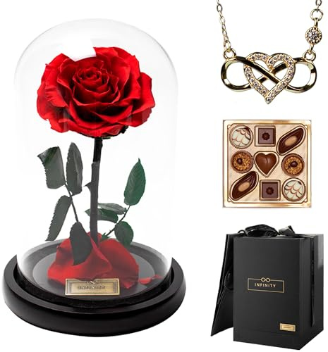 Infinity Flowerbox - Dome Rose im Glas inkl. Geschenkbox - 3 Jahre haltbare echte Infinity Rose, wie bei Die Schöne und das Biest, als Geschenk für Frauen mit Geschenkbox & Tüte (Set-Gold, Dome)