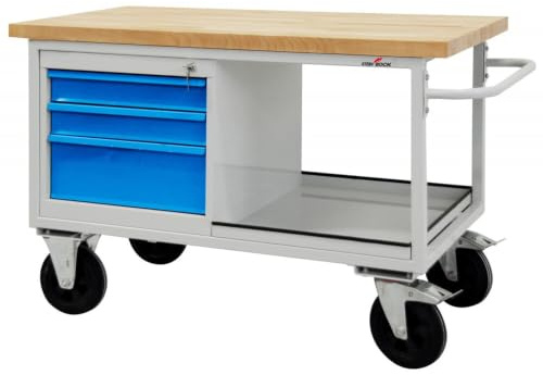 Steinbock Werkbank 3 Schubladen + Boden | 130x82,7x60 cm | Mobil | 500 kg | Blau | 500 kg Tragkraft | 4 cm geölte Massivholz-Arbeitsplatte aus Buche | stabiles Stahlgestell | Werktisch | Made in EU
