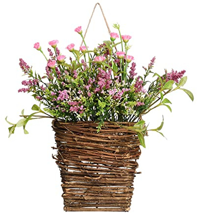 Mnaocz Spring Wreath Welcome Basket, Wildflowers Door Hanging Basket Wreath, Cream Hydrangea Wreath for Front Door, Summer Wreath Hanging Basket for Holiday Decor(#2)