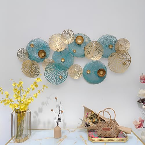 Dekoleidenschaft 3D Wandbild Lotus aus Metall in gold/türkis, 125x60 cm, Wanddeko, Wandschmuck