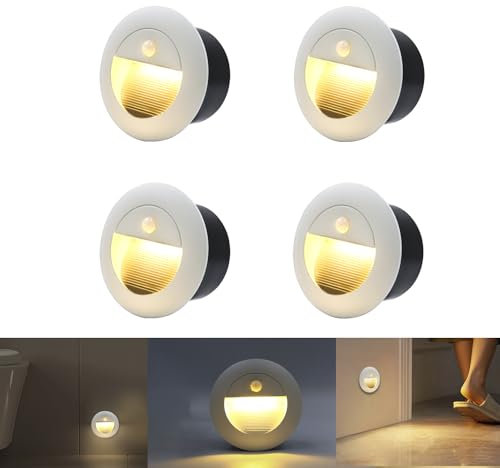 FWoche luci scale esterne con sensore movimento, 1.5W 3000K Lampada da parete rotonda da incasso con scatola da incasso 65mm, per Interno scale giardino viale gradini, IP65 in Alu, Bianco, 4 pezzi