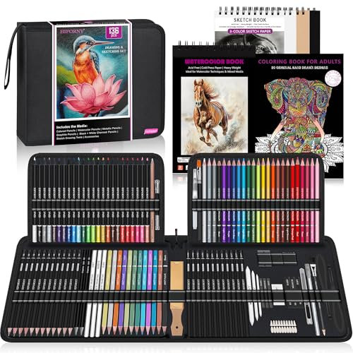 HIFORNY 136 PCS Drawing & Sketching Set,Pro Art Supplies with Graphite,Charcoal,Colored,Watercolor,Metallic Pencils,Blending Tools,Sketchbook,Watercolor Book and Coloring Book in Zipper Case (Black)