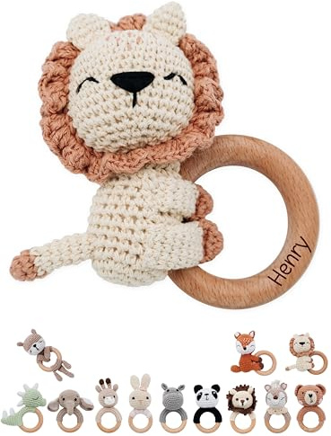 wunderwunsch® - Personalisierter Beißring Baby - Niedlicher Greifling für Baby's ab 0 Monate - Babyrassel mit Name als Baby Geschenk für Mädchen und Jungen (Löwe liegend,mit Name)