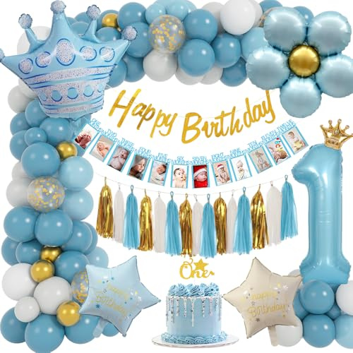 TOLOYE 1. Geburtstag Junge Deko, Blau Geburtstagsdeko 1 Jahr mit Happy Birthday Banner, Folie Luftballon, Monat Foto Banner, Tassel, ONE Cake Topper, Party Deko für Erster Geburtstag Junge
