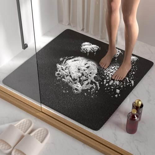 HITSLAM Duschmatte rutschfest, 68x68cm Badewannenmatte rutschfest mit Ablauf, Weiche PVC-Luffa Antirutschmatte Badewanne, Schnell Trocknende Badematte, Schwarz