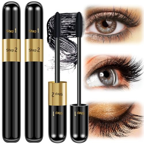Mascara Wasserfest Schwarz - Eyelash Mascara Wimperntusche mit Silk Fiber Extra Long Thick Lash Extension Mas cara Wischfest Und Nicht Verklumpend für Make up Schminke,9 ml*2